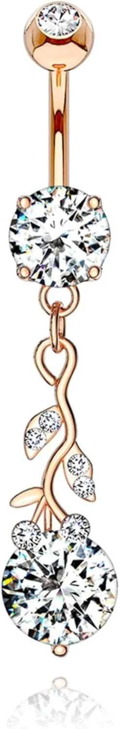 14K Gold Roses Belly Button Rings, Dangling Piercing, Round Diamond Teardrop Piercing, Diamond (1.93ct) Leaf Piercing, Belly Piercing for Women.