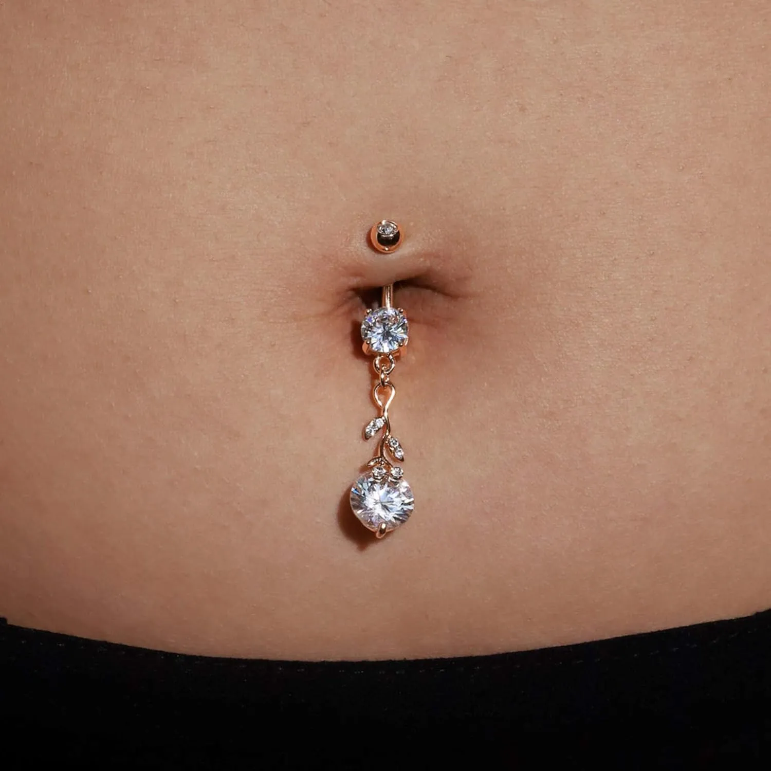 14K Gold Roses Belly Button Rings, Dangling Piercing, Round Diamond Teardrop Piercing, Diamond (1.93ct) Leaf Piercing, Belly Piercing for Women.