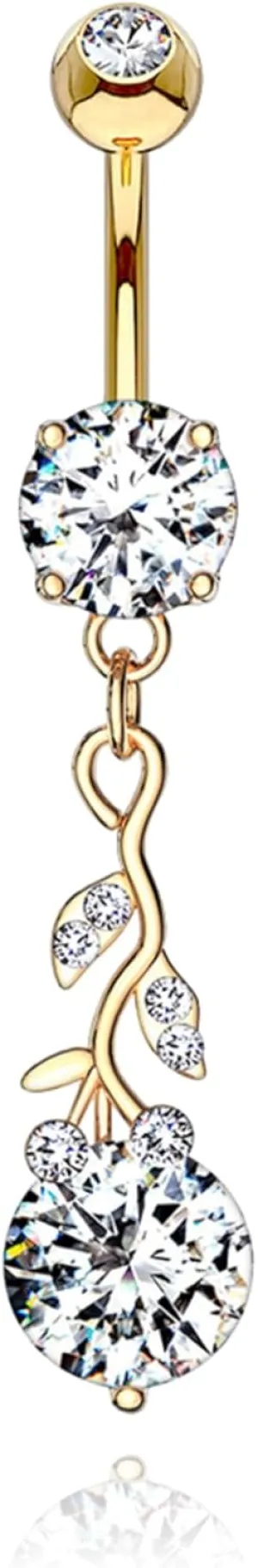 14K Gold Roses Belly Button Rings, Dangling Piercing, Round Diamond Teardrop Piercing, Diamond (1.93ct) Leaf Piercing, Belly Piercing for Women.