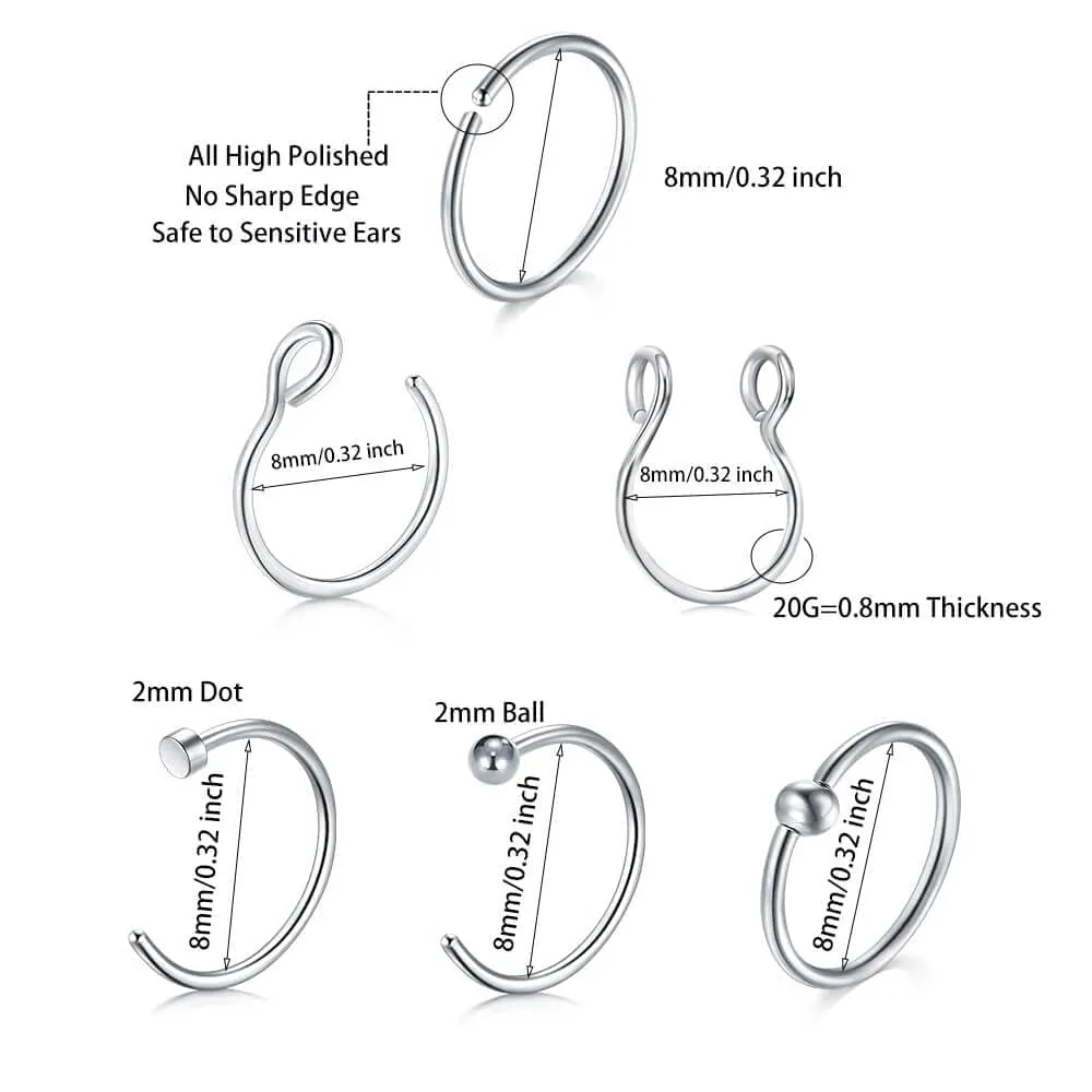 14K Gold Simple Fake Nose Ring Hoop,20G 8mm Clip on Nose Ring Faux Lip Ring Septum Ring Faux Nostrial Piercing Jewelry for Men Women Hypoallergenic,Set of 6Pcs Different Nose Hoop