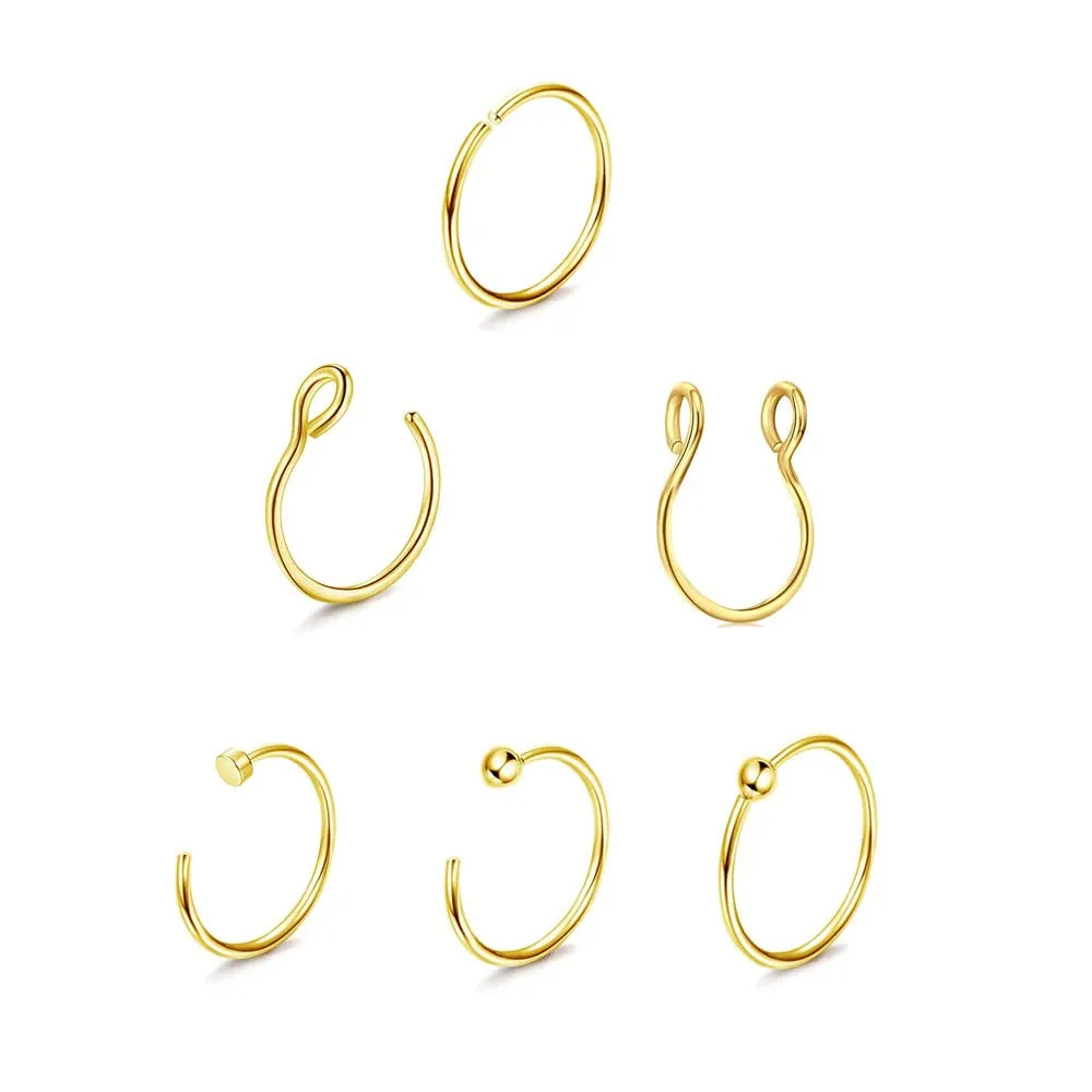14K Gold Simple Fake Nose Ring Hoop,20G 8mm Clip on Nose Ring Faux Lip Ring Septum Ring Faux Nostrial Piercing Jewelry for Men Women Hypoallergenic,Set of 6Pcs Different Nose Hoop