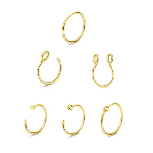 14K Gold Simple Fake Nose Ring Hoop,20G 8mm Clip on Nose Ring Faux Lip Ring Septum Ring Faux Nostrial Piercing Jewelry for Men Women Hypoallergenic,Set of 6Pcs Different Nose Hoop