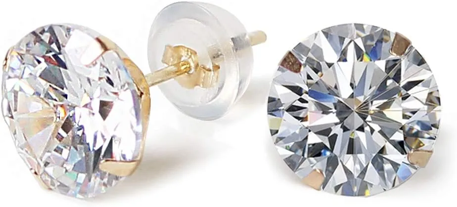 14k real solid Yellow Gold white cz Stud chunky Earrings for women Cubic Zirconia with 14k gold silicone earring flat backs
