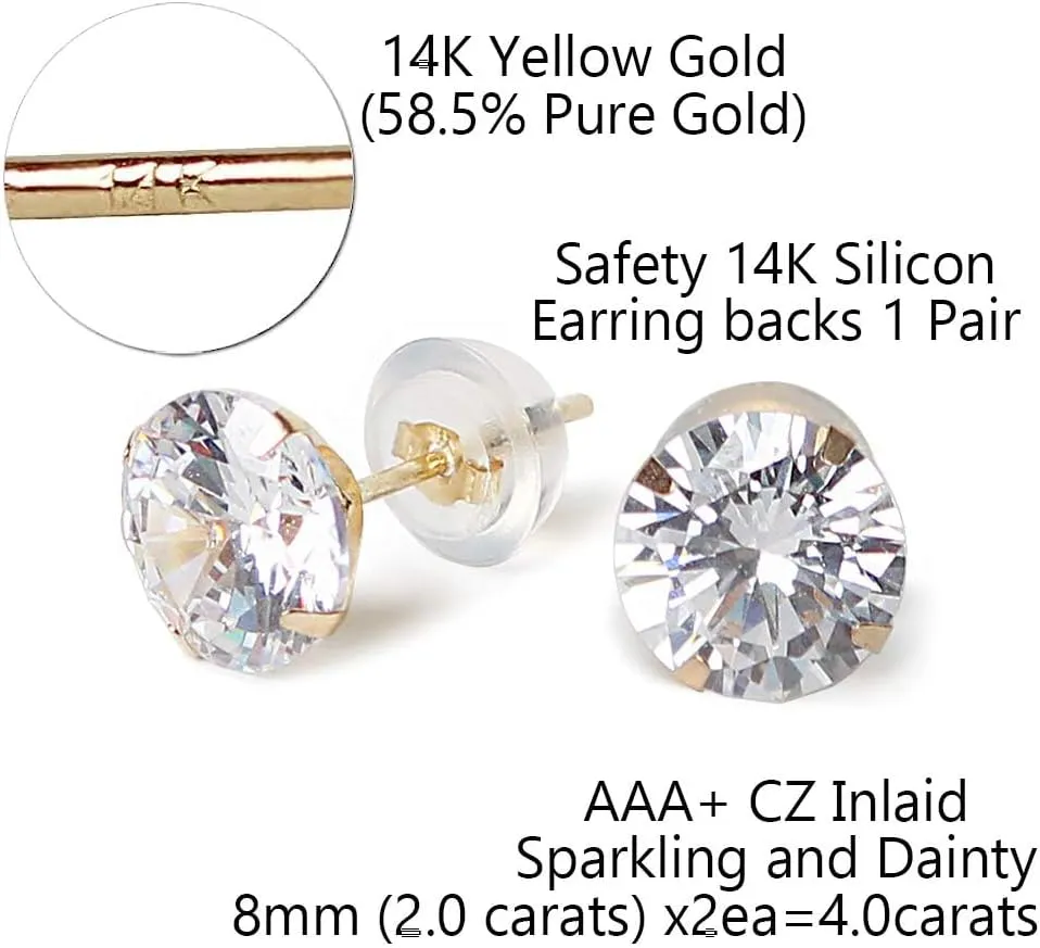 14k real solid Yellow Gold white cz Stud chunky Earrings for women Cubic Zirconia with 14k gold silicone earring flat backs