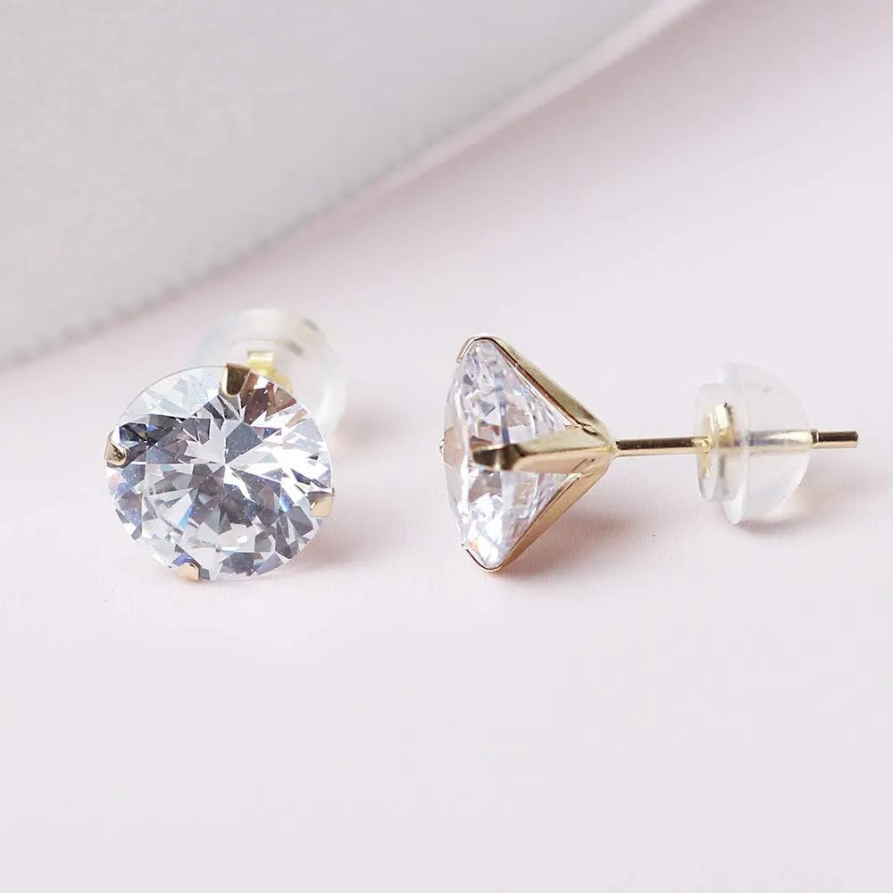 14k real solid Yellow Gold white cz Stud chunky Earrings for women Cubic Zirconia with 14k gold silicone earring flat backs