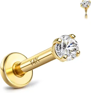14K Solid Gold Flat Back Earrings Hypoallergenic - 18G Cartilage Tragus Conch Helix Piercing Jewelry Extended Internal Thread Labret Lip Nose Studs for Women Men Simulated Diamond CZ 2/3/4mm