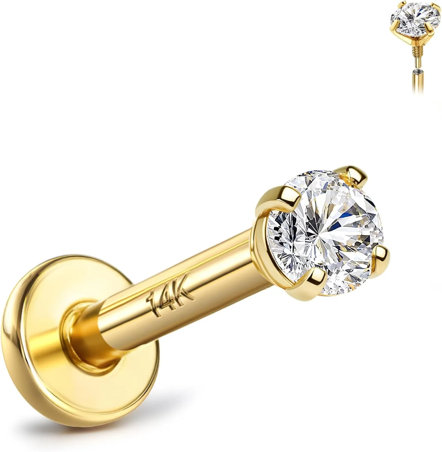 14K Solid Gold Flat Back Earrings Hypoallergenic - 18G Cartilage Tragus Conch Helix Piercing Jewelry Extended Internal Thread Labret Lip Nose Studs for Women Men Simulated Diamond CZ 2/3/4mm