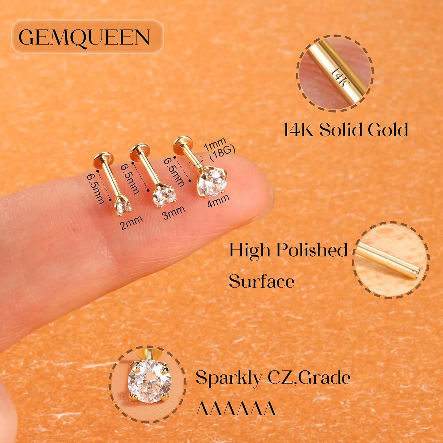 14K Solid Gold Flat Back Earrings Hypoallergenic - 18G Cartilage Tragus Conch Helix Piercing Jewelry Extended Internal Thread Labret Lip Nose Studs for Women Men Simulated Diamond CZ 2/3/4mm