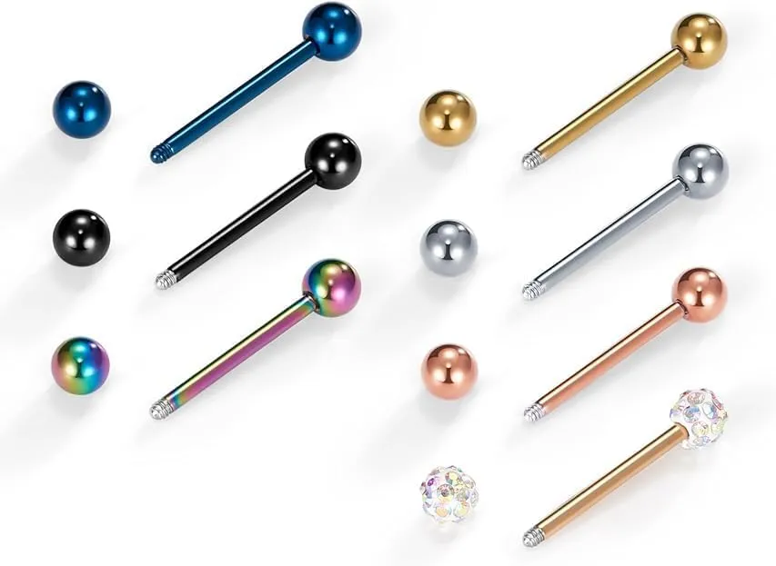 14pcs 14G 12-18mm Tongue Rings Nipple Straight Barbells Surgical Steel Body Piercing Jewelry