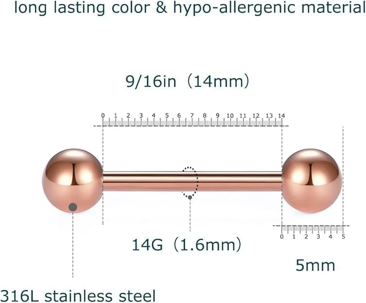 14pcs 14G 12-18mm Tongue Rings Nipple Straight Barbells Surgical Steel Body Piercing Jewelry