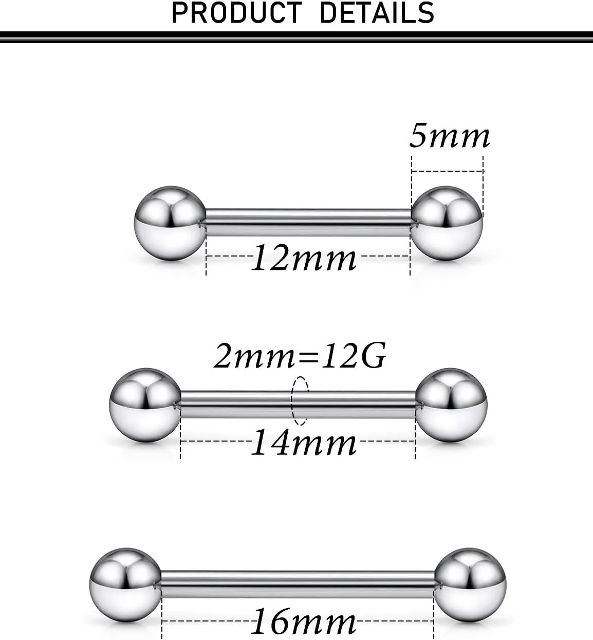 16G 14G 12G Titanium G23 Tongue Rings Nipple Piercing Jewelry Externally/Internally Threaded Bars Nipple Tongue Barbells Piercing Jewelry for Women Men 12mm 14mm 16mm 19mm 22mm