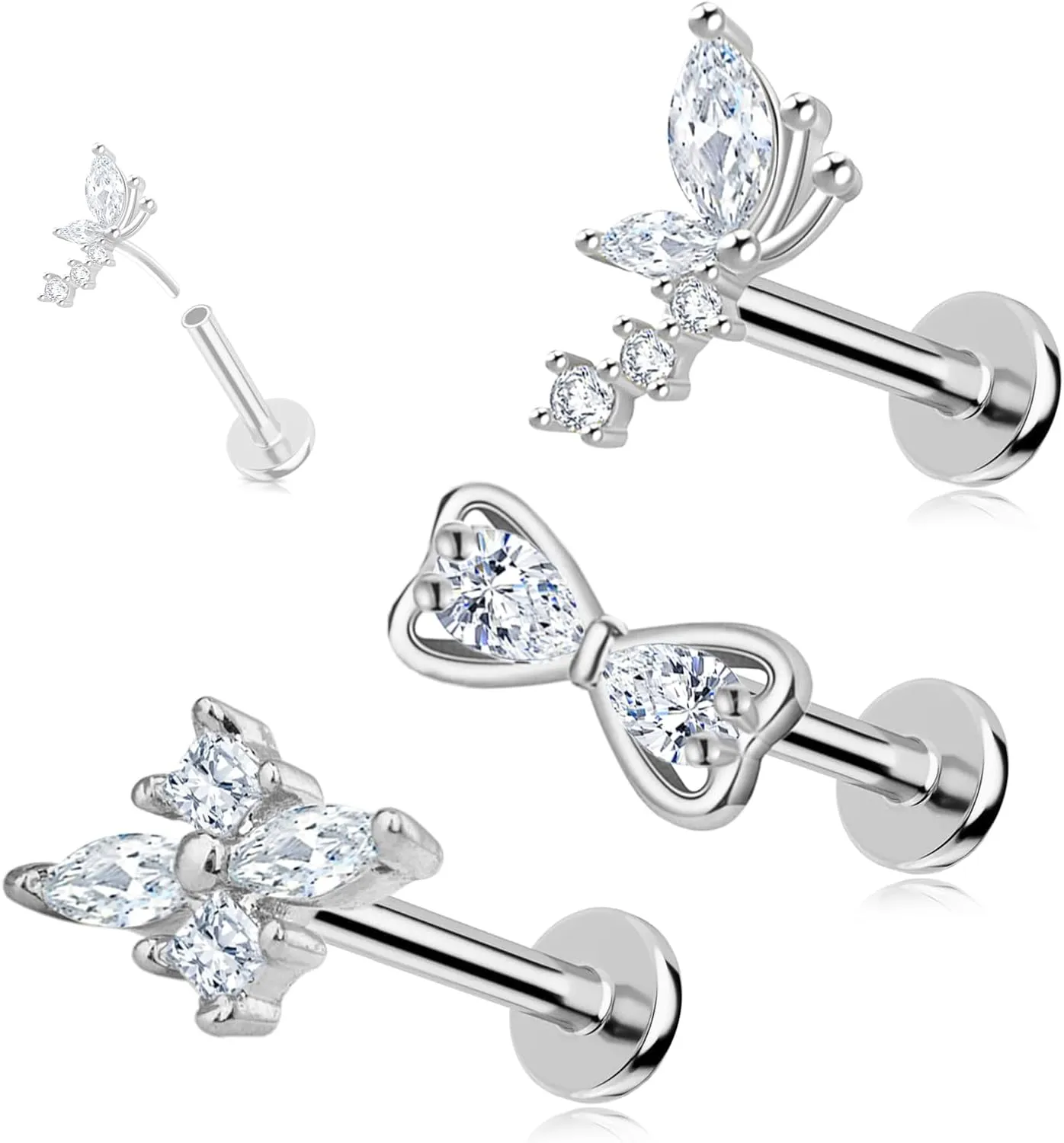 16G 316L Surgical Steel Push in Ear Rings Butterfly Nose Ring Studs for Women Men Leaf Lip Rings Top Pushin Threadless Flat Back Lobe Helix, Tragus, Conch Cartilage Earring Piercing 