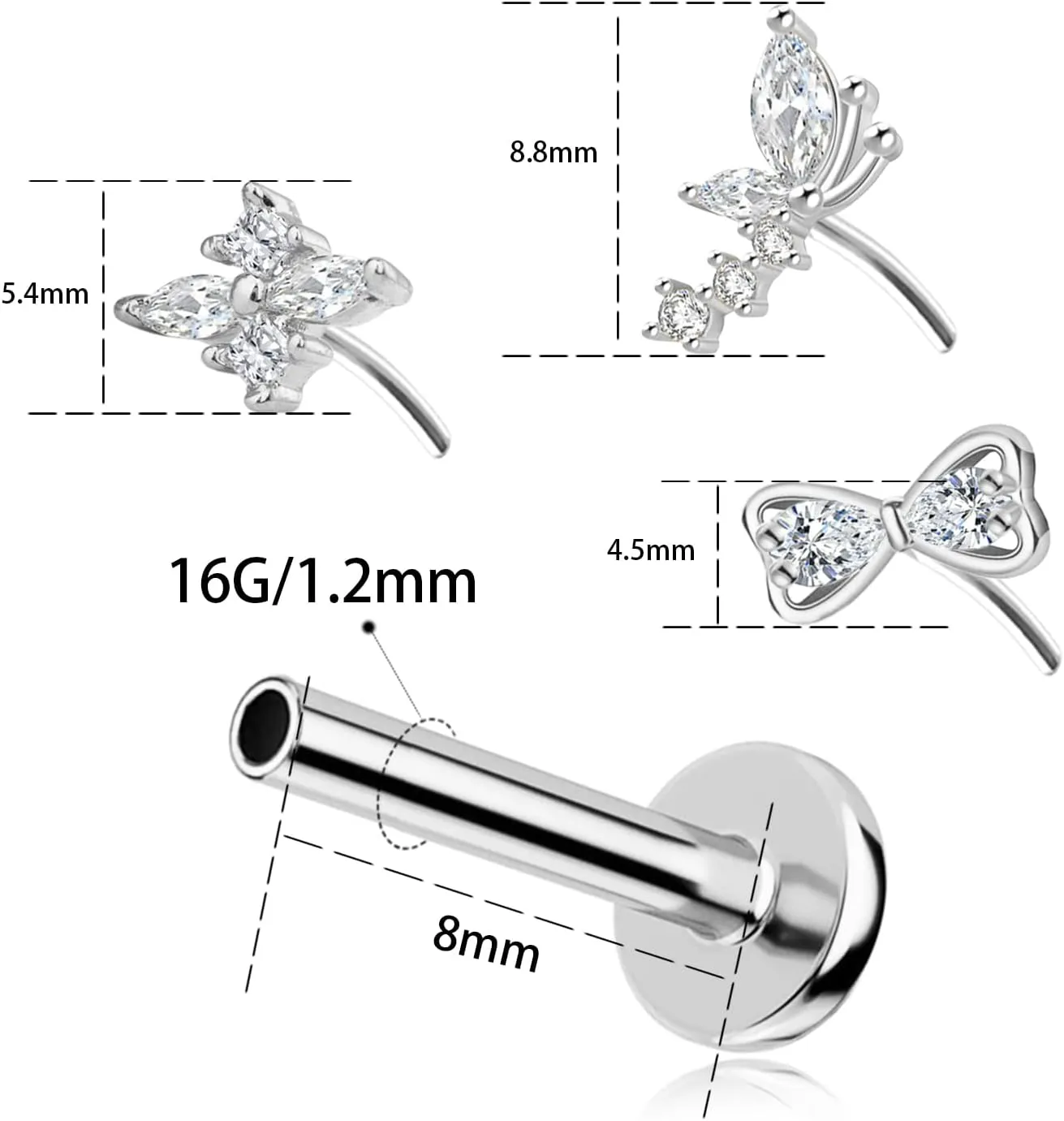 16G 316L Surgical Steel Push in Ear Rings Butterfly Nose Ring Studs for Women Men Leaf Lip Rings Top Pushin Threadless Flat Back Lobe Helix, Tragus, Conch Cartilage Earring Piercing 