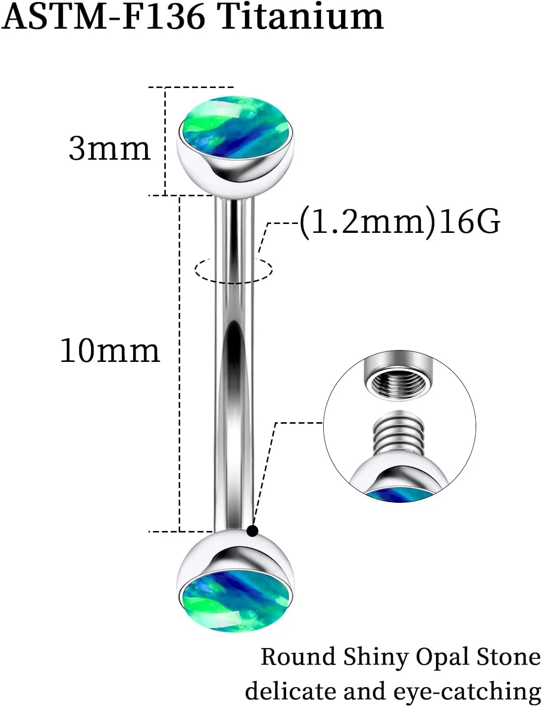 16G Astm F136 Titanium Eyebrow Piercing Jewelry Curved Barbell Eyebrow Ring Vertical Labret Lip Jewelry Daith Rook Earrings Navel Small Belly Button Ring Piercing Jewelry for Women Men Opal