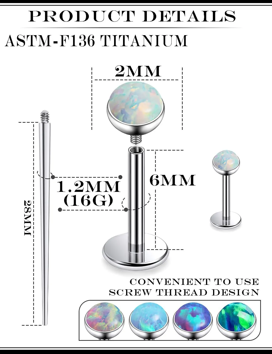 16G F136 Titanium Lip Rings Labret Jewelry Internally Threaded Monroe Lip Ring Medusa Snake Bite Piercing Jewelry Conch Tragus Forward Helix Cartilage Earring Studs Opal Piercing Jewelry