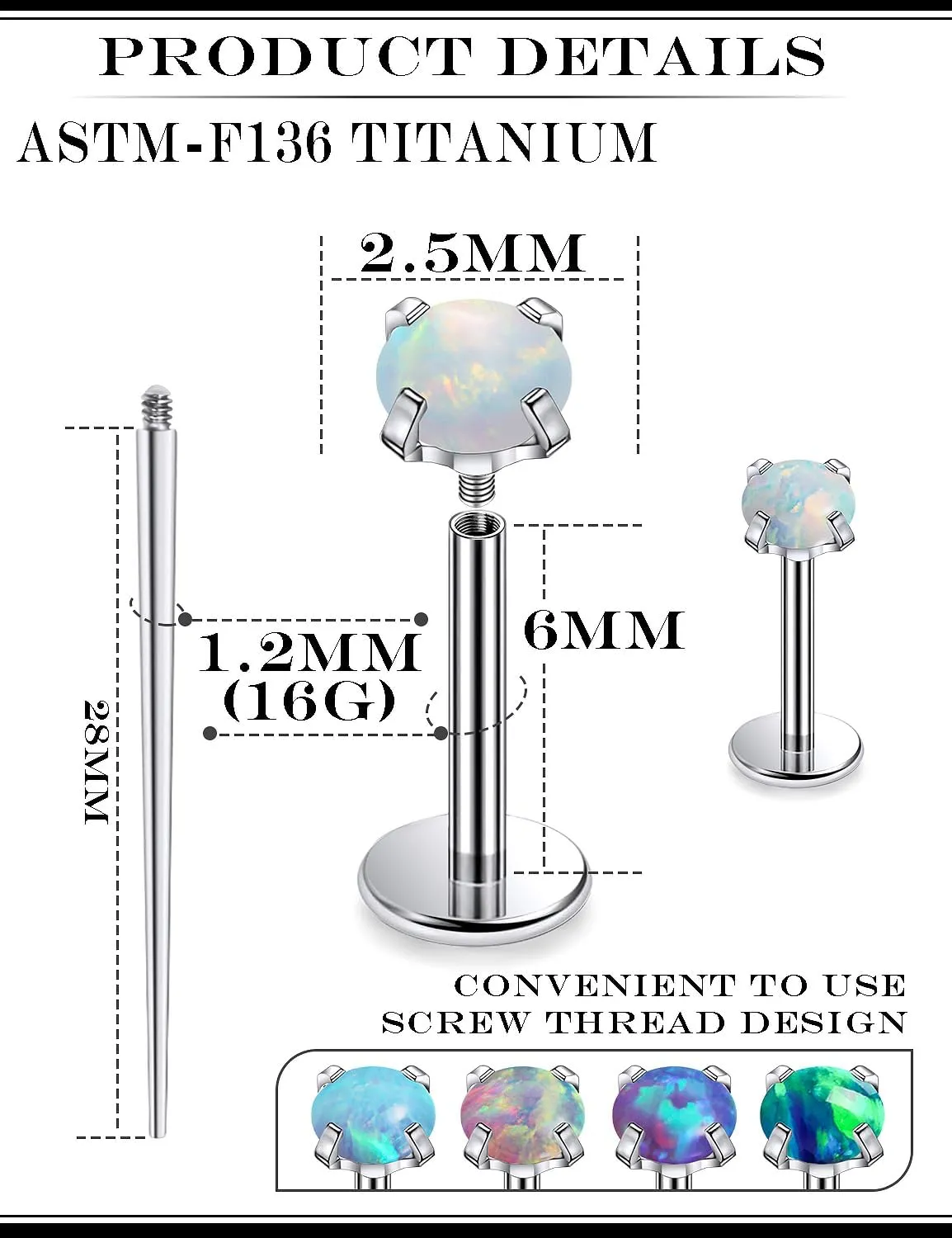 16G F136 Titanium Lip Rings Labret Jewelry Internally Threaded Monroe Lip Ring Medusa Snake Bite Piercing Jewelry Conch Tragus Forward Helix Cartilage Earring Studs Piercing Jewelry Opal