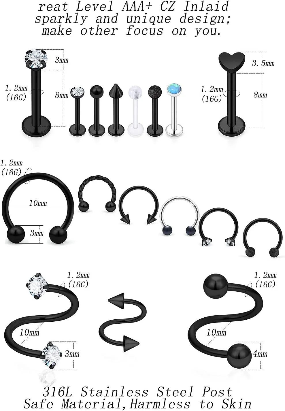 16G Lip Rings and Studs - Stainless Steel Horseshoe, Medusa Labret, Monroe Piercing Jewelry for Women - Tragus, Helix, Cartilage, Forward Earrings Retainer 17pcs