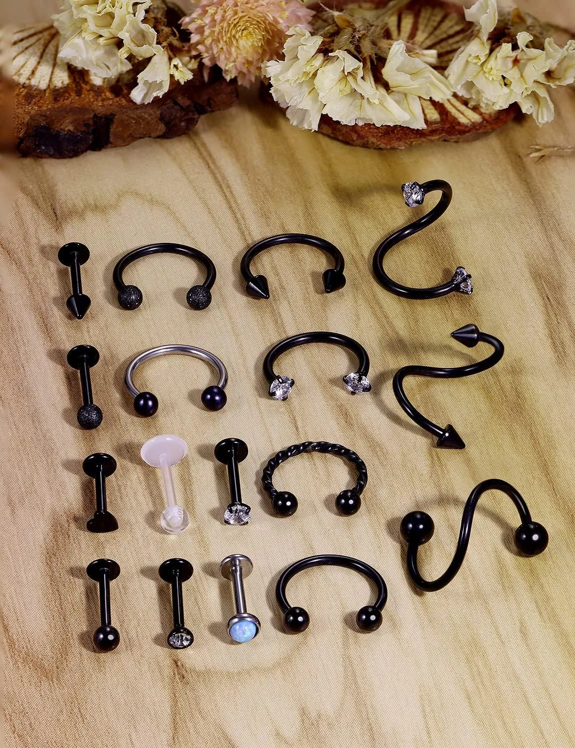 16G Lip Rings and Studs - Stainless Steel Horseshoe, Medusa Labret, Monroe Piercing Jewelry for Women - Tragus, Helix, Cartilage, Forward Earrings Retainer 17pcs