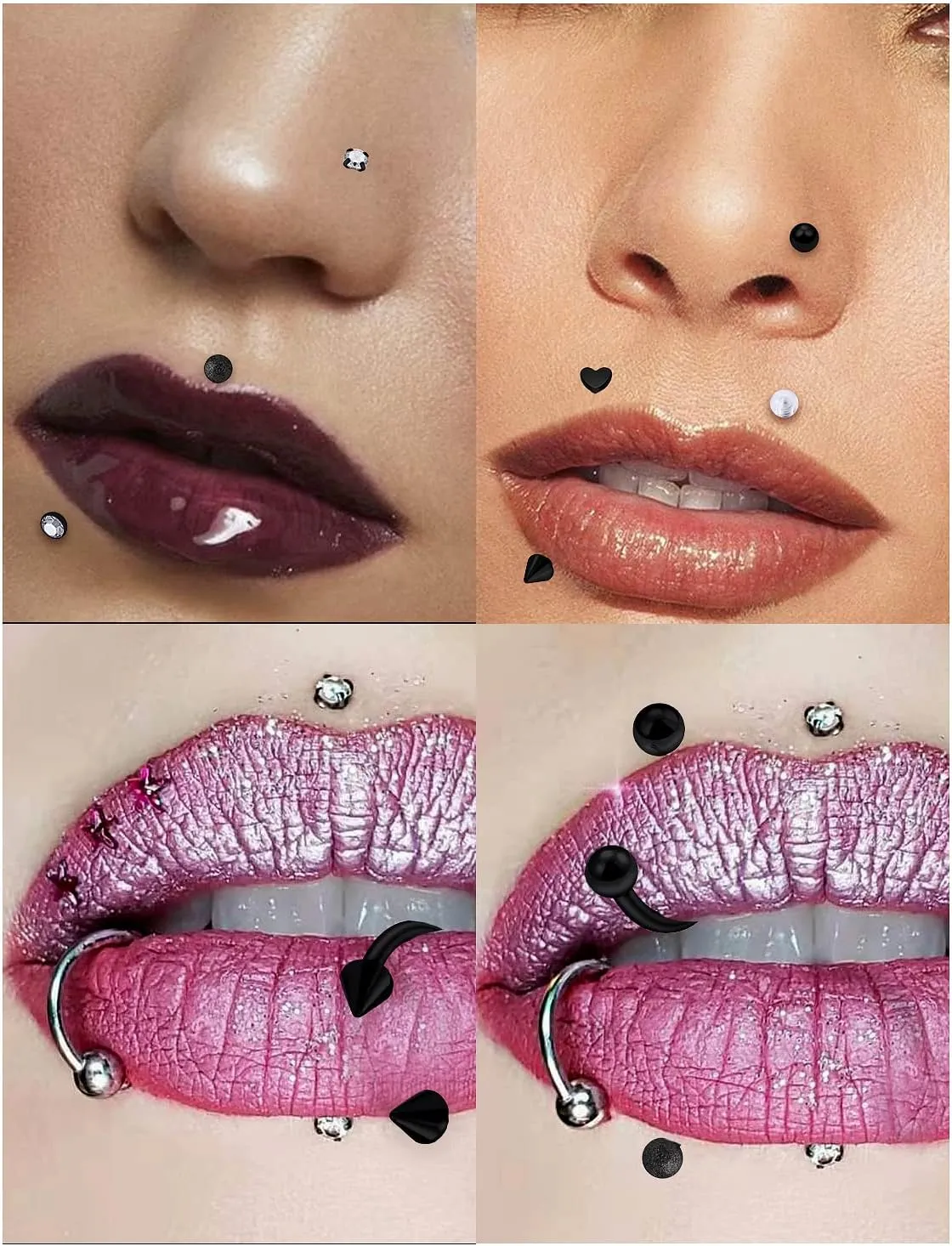 16G Lip Rings and Studs - Stainless Steel Horseshoe, Medusa Labret, Monroe Piercing Jewelry for Women - Tragus, Helix, Cartilage, Forward Earrings Retainer 17pcs