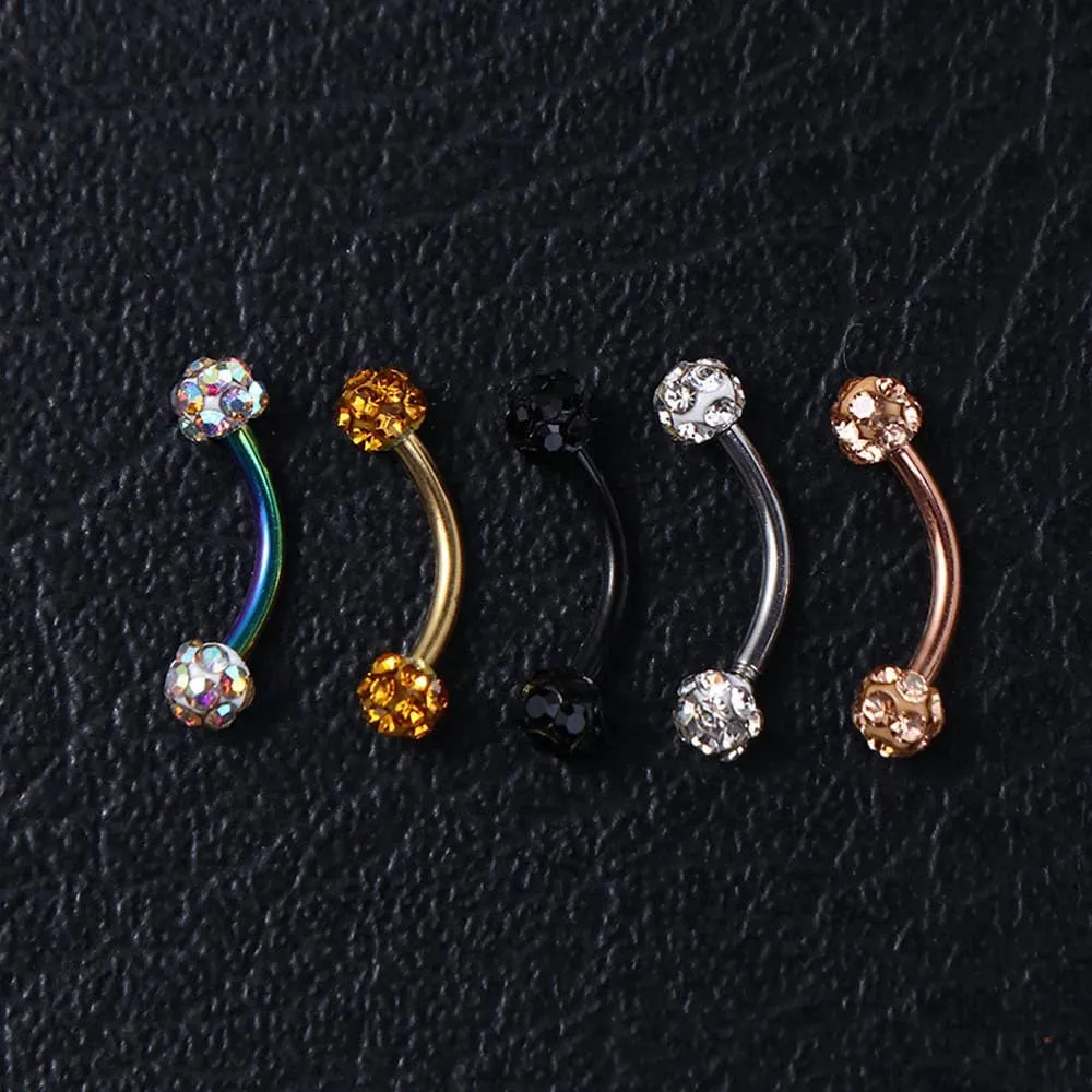 16G Stainless Steel Body Piercing Jewelry, Rhinestone Curved Barbell Eyebrow Rings, Curved Eyebrow Rings Button Ring