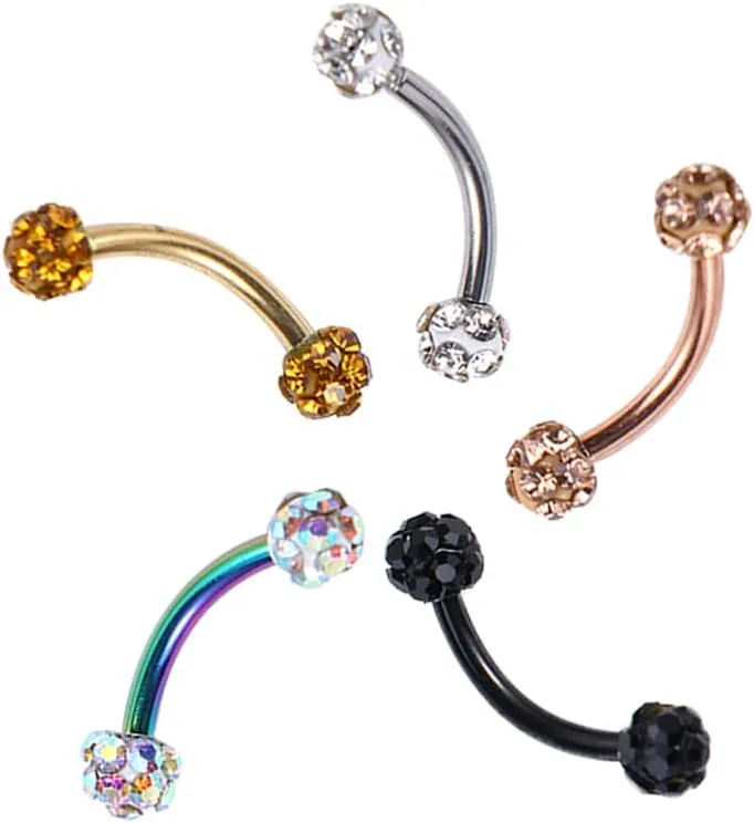 16G Stainless Steel Body Piercing Jewelry, Rhinestone Curved Barbell Eyebrow Rings, Curved Eyebrow Rings Button Ring