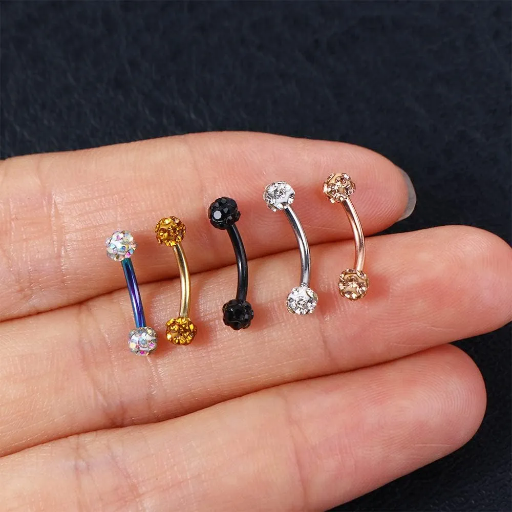 16G Stainless Steel Body Piercing Jewelry, Rhinestone Curved Barbell Eyebrow Rings, Curved Eyebrow Rings Button Ring