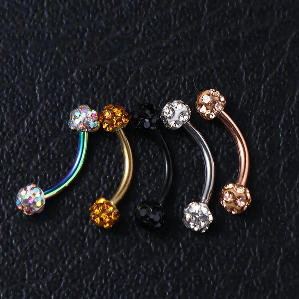 16G Stainless Steel Body Piercing Jewelry, Rhinestone Curved Barbell Eyebrow Rings, Curved Eyebrow Rings Button Ring