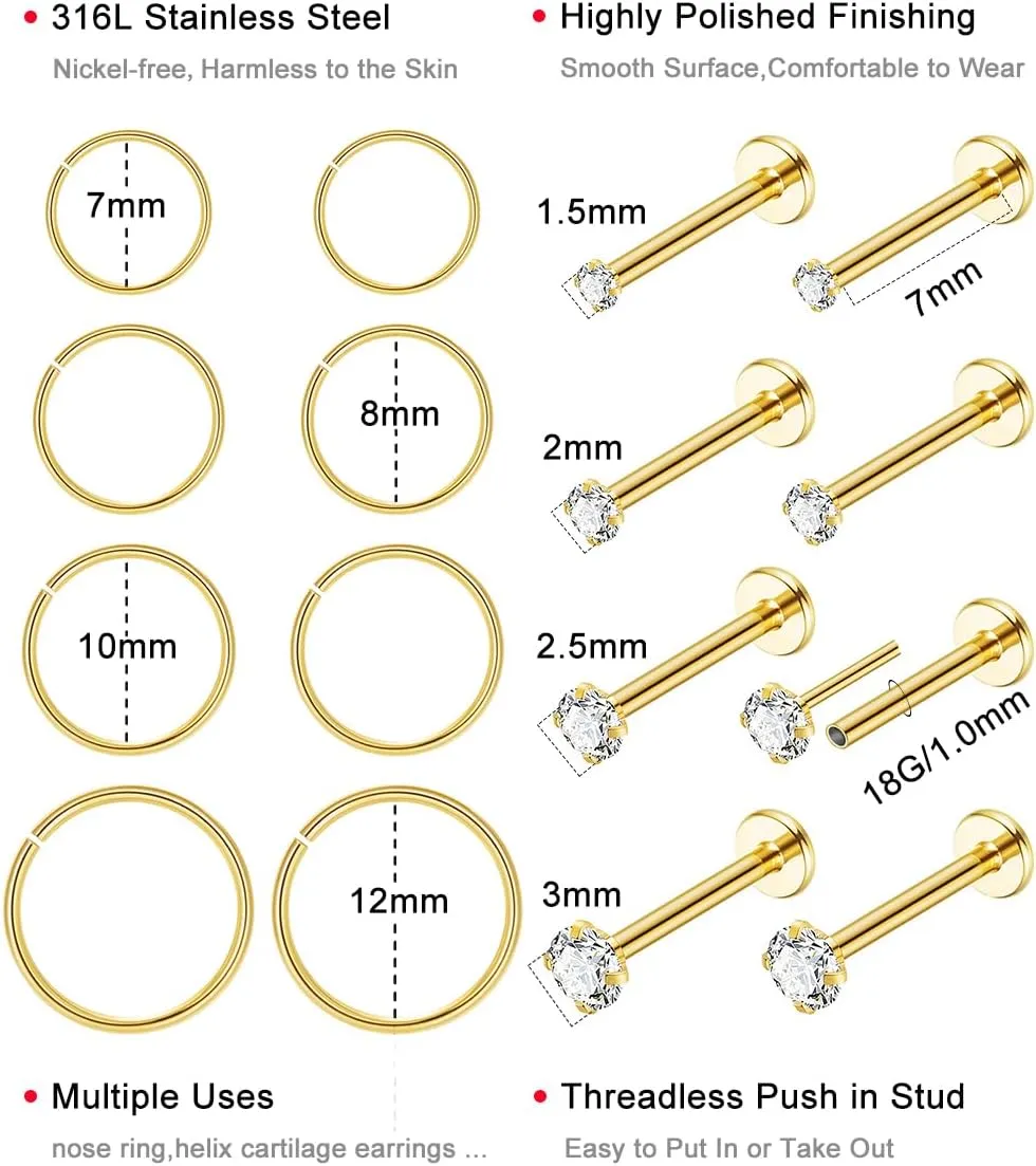16Pcs 18G 20G 316L Stainless Steel Threadless Push in Nose Rings Studs for Women Men Nose Rings Hoop Nose Piercing Jewelry CZ 1.5-3mm