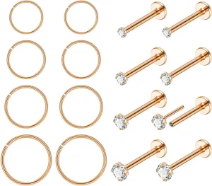 16Pcs 18G 20G 316L Stainless Steel Threadless Push in Nose Rings Studs for Women Men Nose Rings Hoop Nose Piercing Jewelry CZ 1.5-3mm