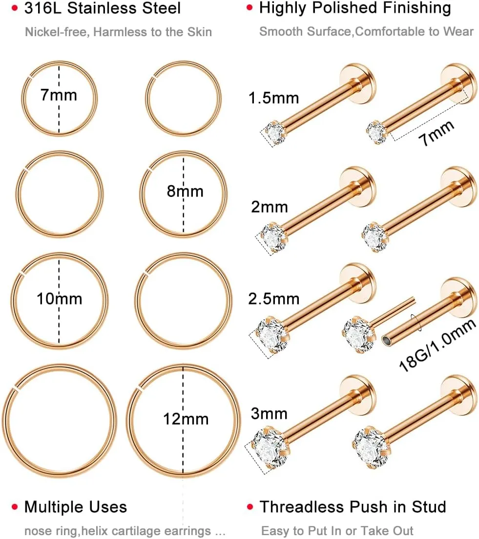 16Pcs 18G 20G 316L Stainless Steel Threadless Push in Nose Rings Studs for Women Men Nose Rings Hoop Nose Piercing Jewelry CZ 1.5-3mm