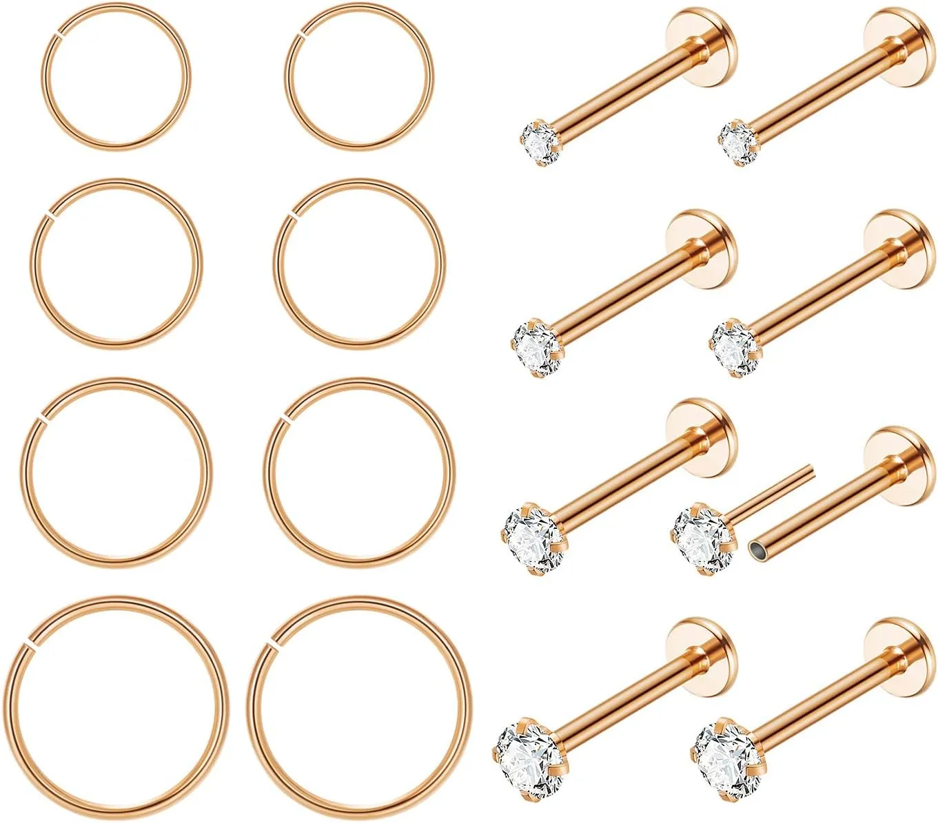 16Pcs 18G 20G 316L Stainless Steel Threadless Push in Nose Rings Studs for Women Men Nose Rings Hoop Nose Piercing Jewelry CZ 1.5-3mm