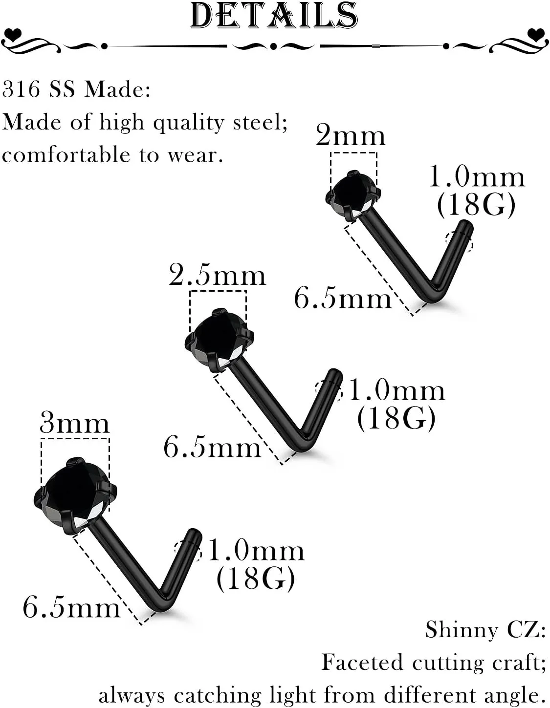 18G 20G 22G Stainless Surgical Steel Titanium Nose Rings Studs for Women L Shaped Nose Rings Screw Nose Studs Nostrial Piercing Jewelry for Women Men Silver Gold Black