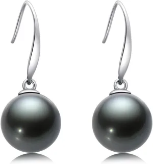 18K Gold Black Pearl Dangle Earrings 8-9mm Genuine Tahitian Cultured Pearls Drop Ear Hook Dangle Earrings Vintage Jewelry for Women