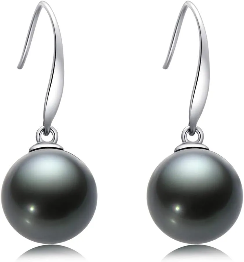 18K Gold Black Pearl Dangle Earrings 8-9mm Genuine Tahitian Cultured Pearls Drop Ear Hook Dangle Earrings Vintage Jewelry for Women