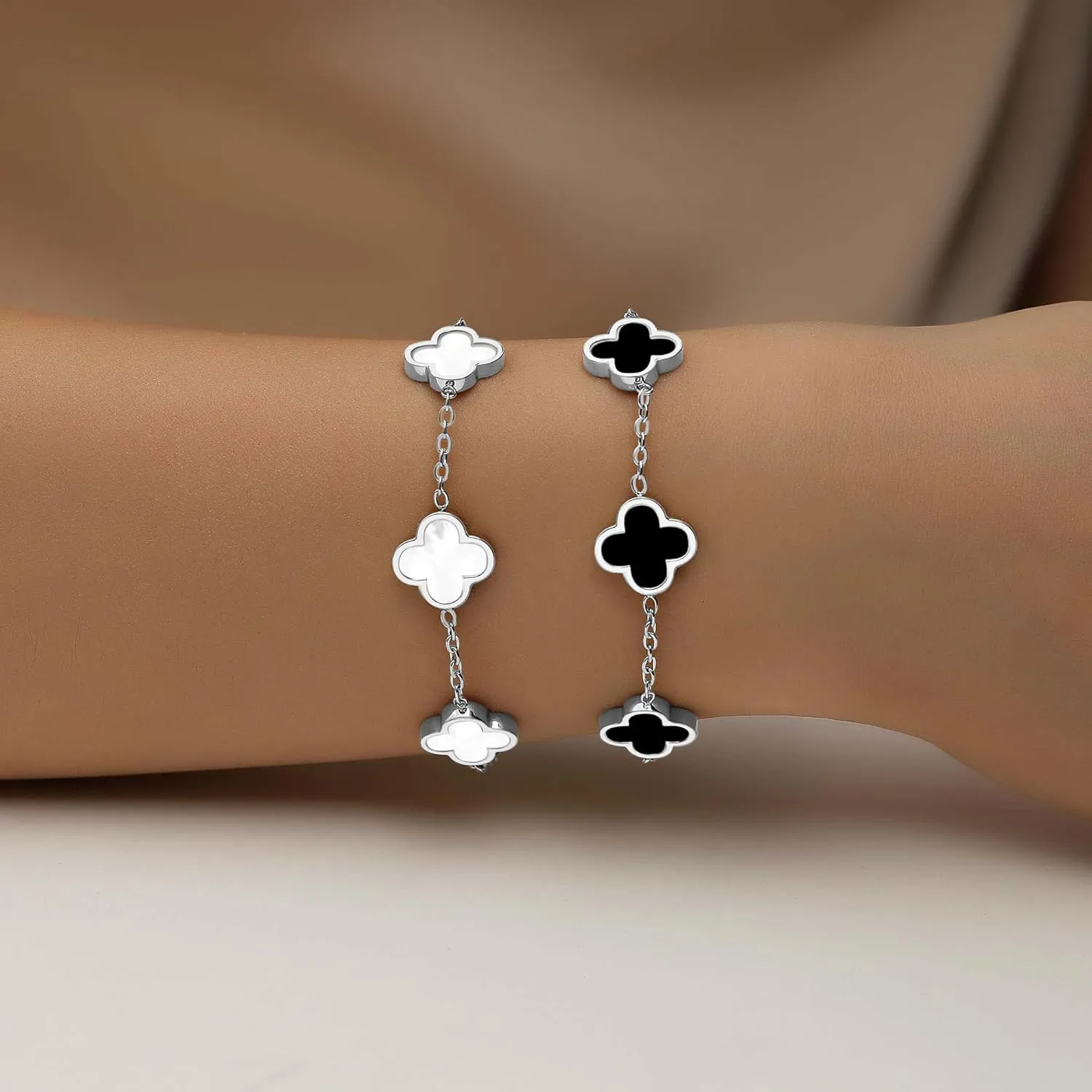 18K Gold Plated Clover Bracelet Set for Women White/Black/Gold/Silver/Green/Pink Adjustable Link Double-Sided Lucky Bracelets Trendy Bracelets Set Jewelry Gifts for Women Men