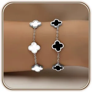 18K Gold Plated Clover Bracelet Set for Women White/Black/Gold/Silver/Green/Pink Adjustable Link Double-Sided Lucky Bracelets Trendy Bracelets Set Jewelry Gifts for Women Men