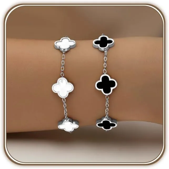 18K Gold Plated Clover Bracelet Set for Women White/Black/Gold/Silver/Green/Pink Adjustable Link Double-Sided Lucky Bracelets Trendy Bracelets Set Jewelry Gifts for Women Men