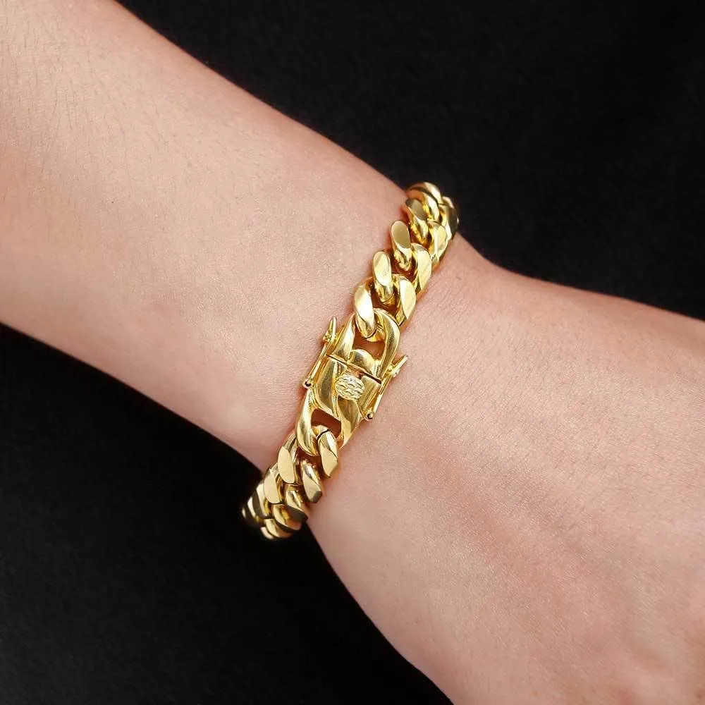 18K pure gold Cuban men and women wear 12mm wide bracelets, Miami hip-hop bracelets, Valentine's Day, Christmas, birthday gift tennis