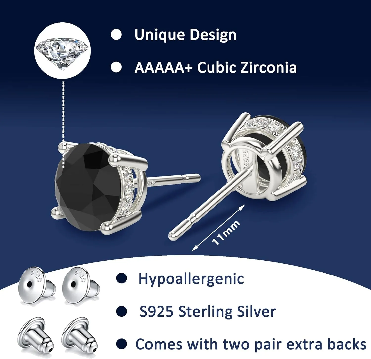18K White Gold Plated Round Cubic Zirconia Simulated Diamond Stud Earrings Solid Sterling Silver Post Sparkly CZ Studs Earrings for Women Men