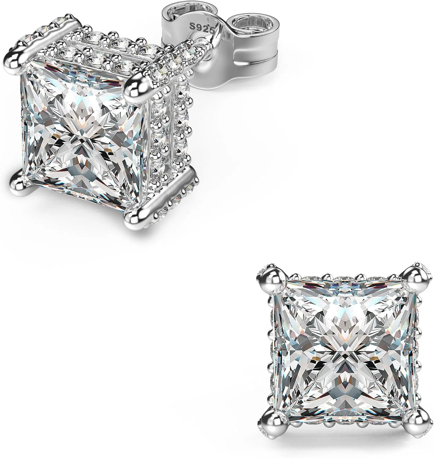 18K White Gold Plated Sterling Silver Pave Square Cubic Zirconia Stud Earrings 4 Prong Princess Cut CZ Simulated Diamond Stud Earrings for Men Women Hypoallergenic