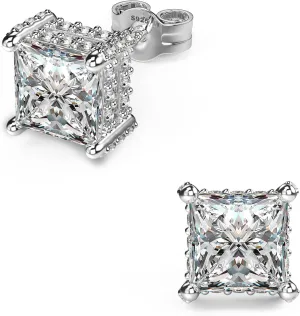 18K White Gold Plated Sterling Silver Pave Square Cubic Zirconia Stud Earrings 4 Prong Princess Cut CZ Simulated Diamond Stud Earrings for Men Women Hypoallergenic