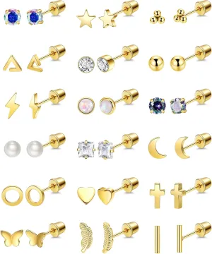 18Pairs 20G Surgical Steel Screw Back Earrings for Women Hypoallergenic Pearl Star Heart Butterfly Tiny Screwback Stud Earring Set