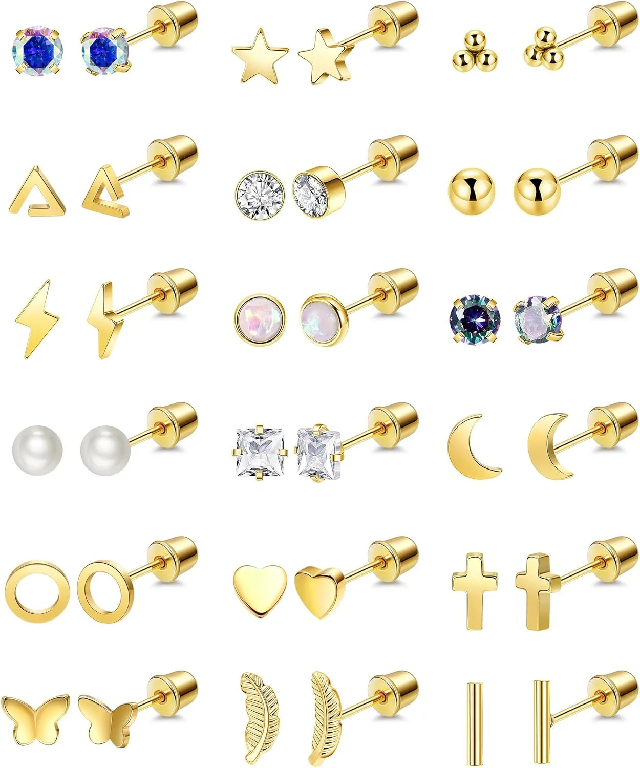 18Pairs 20G Surgical Steel Screw Back Earrings for Women Hypoallergenic Pearl Star Heart Butterfly Tiny Screwback Stud Earring Set