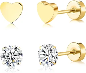 2 Pairs Flat Back Earrings Women, Titanium Star and Moon Earrings, Heart & CZ Flatback Stud, Butterfly & Lightning Screw Back, Crosses and Triangles Stud, Gold/Pink/Silver/Black Options