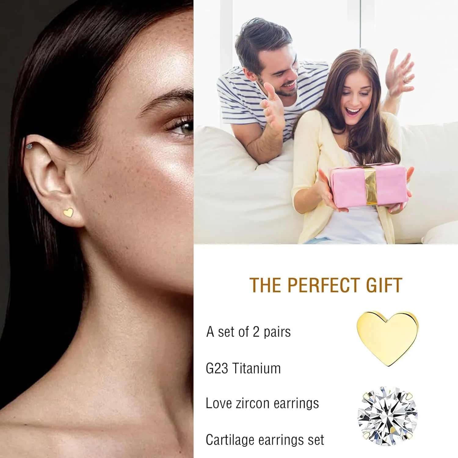 2 Pairs Flat Back Earrings Women, Titanium Star and Moon Earrings, Heart & CZ Flatback Stud, Butterfly & Lightning Screw Back, Crosses and Triangles Stud, Gold/Pink/Silver/Black Options