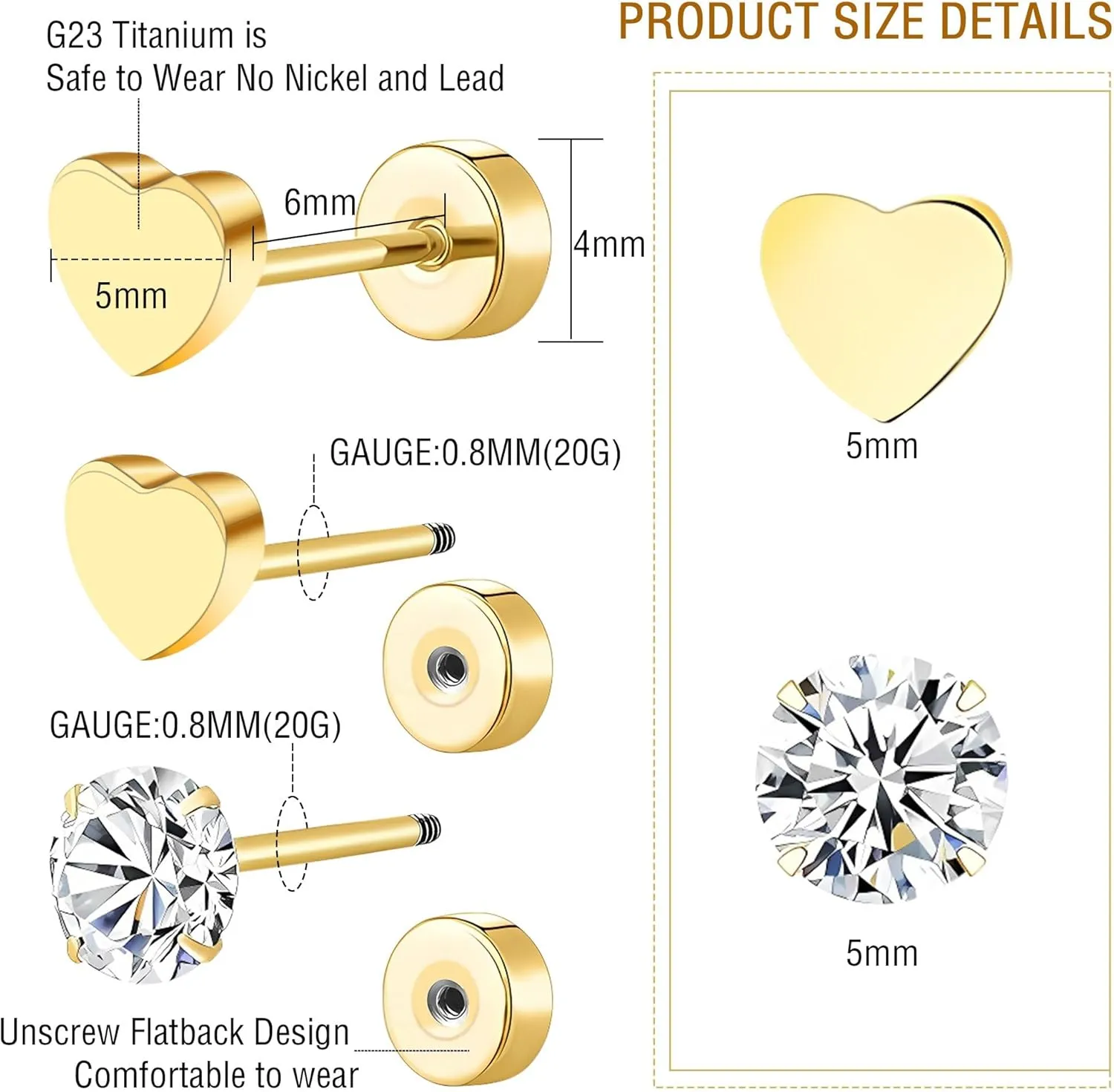 2 Pairs Flat Back Earrings Women, Titanium Star and Moon Earrings, Heart & CZ Flatback Stud, Butterfly & Lightning Screw Back, Crosses and Triangles Stud, Gold/Pink/Silver/Black Options