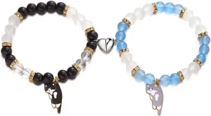 2 Pcs Couple Friendship Bracelets for Women Men Kawaii Cute Cartoon Cat Animal Charm Heart Matching Bracelets Colorful Glass Beaded Bracelet Y2k Gifts Jewelry