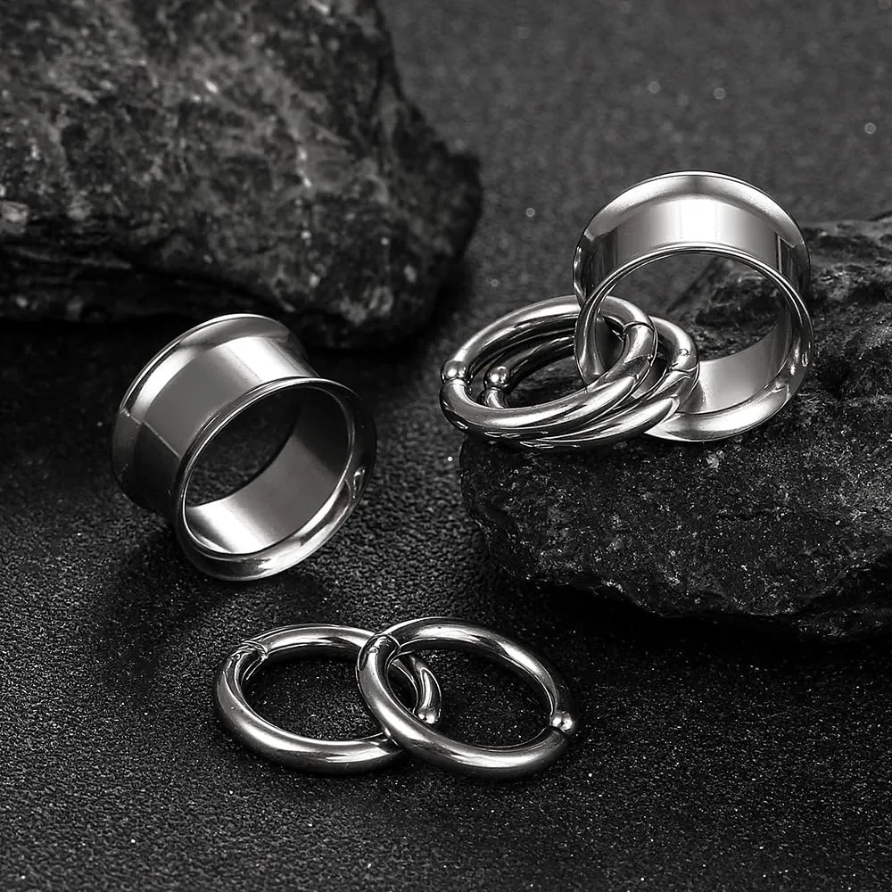 2 PCS Ear Gauges with 2 nose rings Hypoallergenic 316 Stainless Steel Earrings Expander Stretchers cute Plus Tunnels (0G-1") 8mm-25mm 00G Body Piercing Jewelry balck gold silver