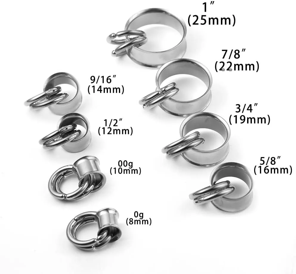 2 PCS Ear Gauges with 2 nose rings Hypoallergenic 316 Stainless Steel Earrings Expander Stretchers cute Plus Tunnels (0G-1") 8mm-25mm 00G Body Piercing Jewelry balck gold silver