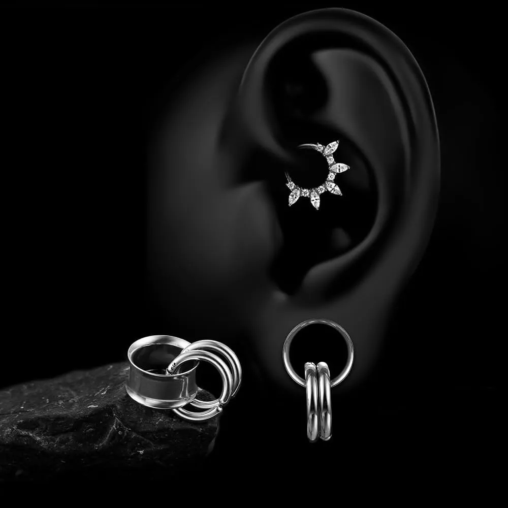 2 PCS Ear Gauges with 2 nose rings Hypoallergenic 316 Stainless Steel Earrings Expander Stretchers cute Plus Tunnels (0G-1") 8mm-25mm 00G Body Piercing Jewelry balck gold silver